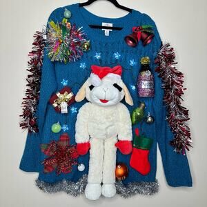 Ugly Christmas Sweater Lamb Chops LIGHTS UP Tacky Tinsel Xmas Party Winner Large